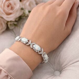 Elegant White Opal Oval Link Bracelet 18K White Gold Filled | 8”